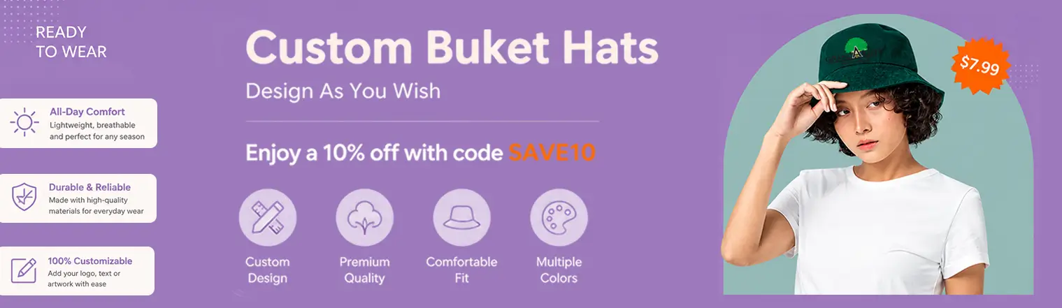 Enjoy a 10% off custom bucket hats with code SAVE10